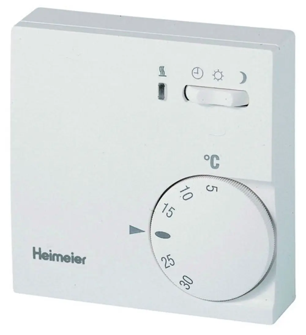 Raumthermostat in Weiß mit Drehregler zur Temperatureinstellung und Schalter für Temperaturabsenkung. Produkt von IMI Hydronic Engineering.